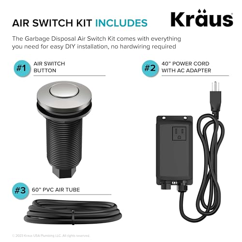 Image of KRAUS Garbage Disposal Air Switch Kit in Spot-Free Stainless Steel with Push Button, AC Adapter, Power Cord, and Air Tube Included, KWDA-100SFS (Pack of 6)
