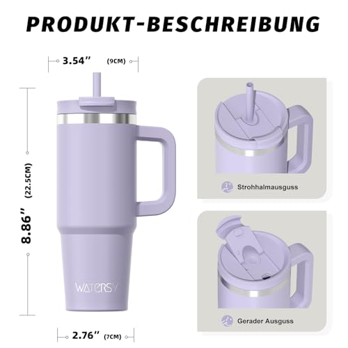 WATERSY 891ml Thermobecher mit 2 Strohhalmen, Trinkbecher Auslaufsicherer Kaffeebecher To Go Vakuum-Isoliert mit BPA frei Schraubdeckel… – Ansicht 3