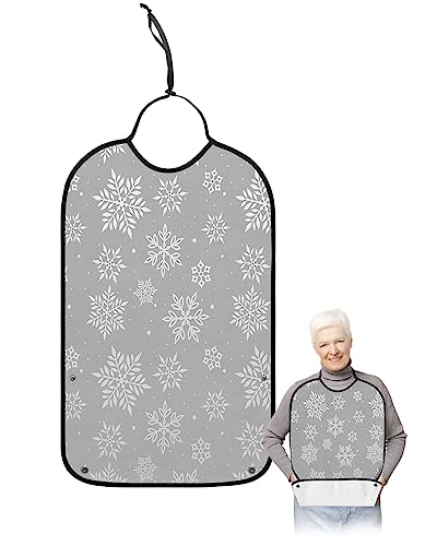 LEOKOTI Christmas Snowflake Adult Bibs for Eating, Waterproof Bibs with Food Catcher & Adjustable Snap Closure, Falling Snowflake Grey Washable Clothing Protectors Adult Bibs for Elderly Women/Men