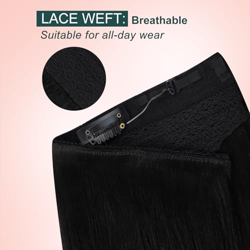 Image of Easyouth Invisible Human Hair Wire Extensions Black Hair Extensions Wire Hair Jet Black Wire Hair Extension Human Hair Add Length and Volume Secret Fish Line Human Hair Extension 14 Inch 70g