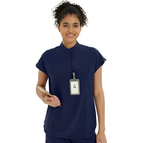 Medical Scrub Tops for Women - Soft Stretch Mandarin Collar Oversized Fit Scrub Shirts with 3 Pockets
