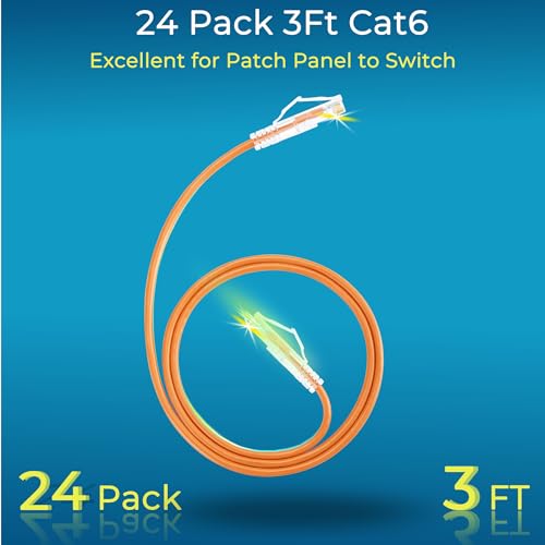 Image of Rapink Patch Cables Cat6 / Cat6a 3ft (24 Pack) Slim, Cat6a Ethernet Patch Cable 10G Support, Snagless Cat 6 Patch Cable for Patch Panel to Switch, Flexiable Cat6 Ethernet Cable Orange