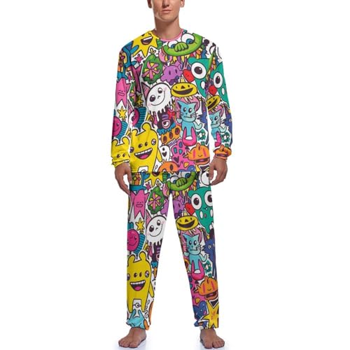 Image of Cartoon Graffiti Monster Men's Pajamas Sets Satin Silky Long Sleeve Top And Pant Loungewear with Pockets M