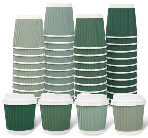 Whaline 100 Pcs Sage Green Disposable Espresso Cups with Lids 4 Oz Gradient Green Paper Cups Corrugated Ripple Wall Insulated Hot Cup for Home Office Party Supplies