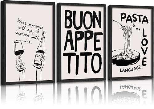 3Pcs Vintage Kitchen Canvas Wall Art Funny Food Wine Pasta