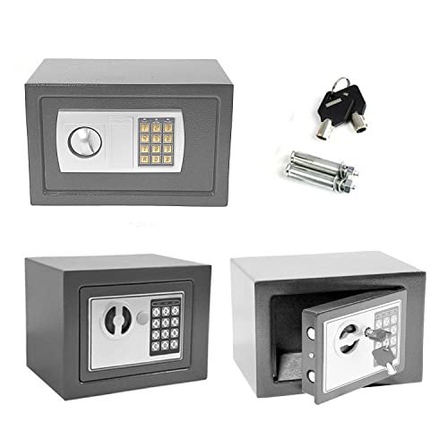 Caja Fuerte Electrónica 17x23x17cm - Pequeña Caja Seguridad Electrónica con Bloqueo Digital de Teclado y Cerradura para Llave, Caja Fuerte para Niños, Hogar, Hotel, Oficina, Gris