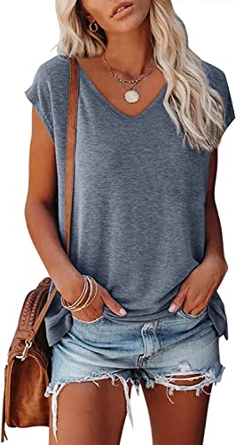 Kingfen Womens Summer Shirt U Neck Casual Tshirts Tops For Women Solid Color Womens T Shirts Short Sleeve Blouses For Women Soft Workout Shirts For Teens Girls Trendy Blue Tops For Women Medium #TOP28