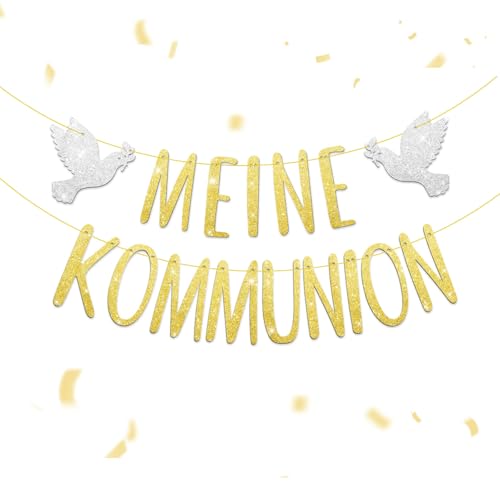 COMOOKA Kommunion Deko Kommunion Girlande Gold mit Glitzer Banner Mädchen Junge zum Aufhängen für Wand Fenster Papiergirlande