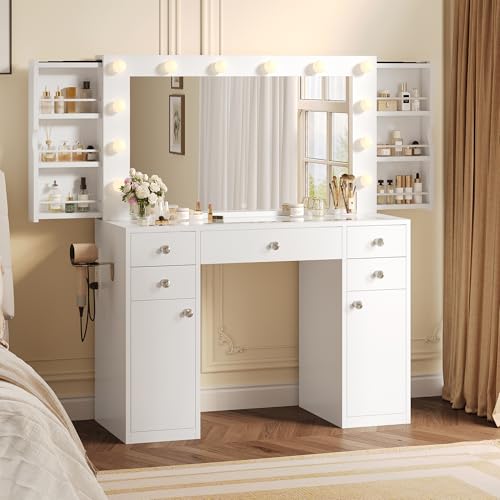 Feonase Vanity Desk, 43'' Makeup Vanity with Mirror and 12 Led Lights, 3 Lighting Modes, 4 Drawers &...