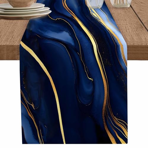 Falaniique Marble Table Runner 120 Inches Long Cotton Linen Kitchen Dinner Table Runners, Modern Navy Blue Abstract Gold Burlap Tablerunner for Dresser/Dining/Party/Wedding 13x120
