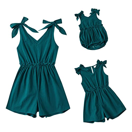 AWIBMK Mommy and Me Dresses Outfits Floral Print Sling Family Matching Belted Jumpsuit Romper V Neck Sleeveless Summer Casual Clothes Suit Set for Mother and Daughter Dark Green Lace Up 4-5 Years