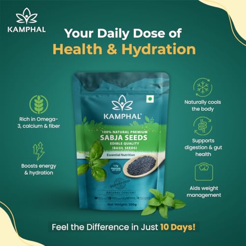 Image of Kamphal Premium Sabja Seeds 250g | 100% Natural Basil Seeds for Eating | Rich in Fiber, Omega-3 & Essential Nutrients | Perfect for Cooling the Body, Detox Drinks & Digestive Wellness