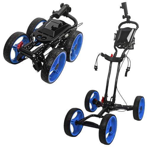 4-Wheel Golf Push Cart Golf Trolley with Foot Brake 1-Click Folding, 25KG Load Capacity, Large Storage with Cup Holder, Durable Wheels with Brake for All-TerrainBlue,L