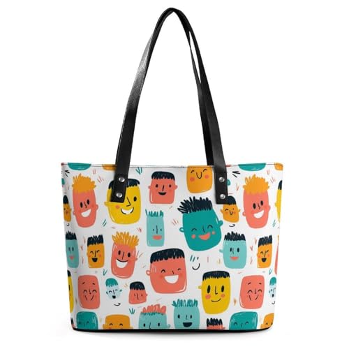 Cartoon Faces Collection Women's Leather Handbag Shoulder Bag Tote Purse Bags for Shopping Travel