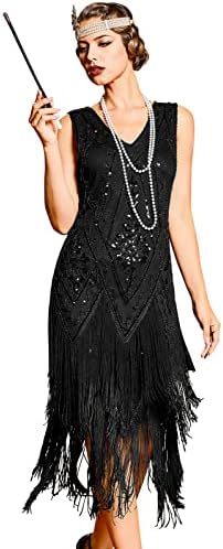 PrettyGuide Women's 1920s Flapper Dress Vintage Swing Fringed Roaring 20s Dress Black M