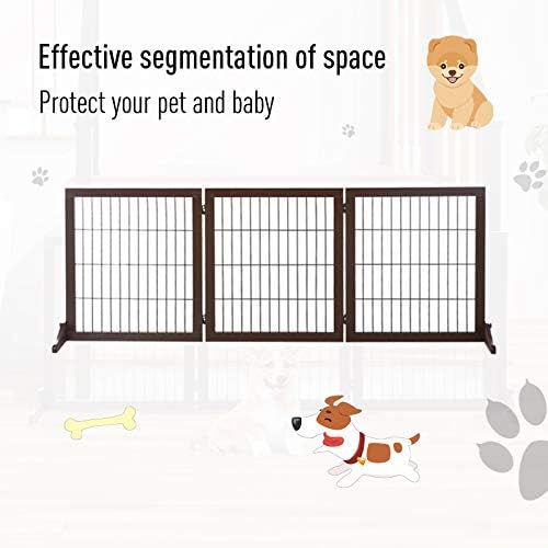 PawHut Freestanding Dog Gate 3 Panel Safety Pet Barrier Foldable w/ Support Feet Brown 185 x71 cm
