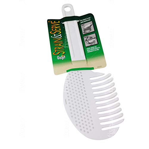 Gadjit Pasta Strain & Serve Pot Strainer, Two-sided Kitchen Tool, One Side Strains Water out of Pasta, the Other Side Lifts and Serves Pasta | A Must-Have for Every Kitchen (White)