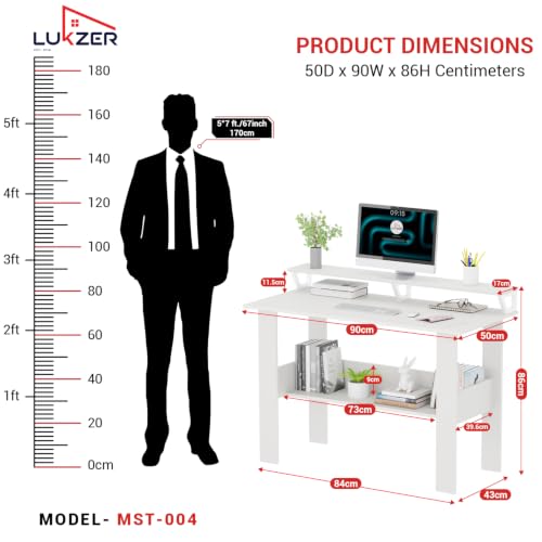Image of Lukzer Study Table with Monitor Riser & Open Book Shelf (MST-004 /White) Engineered Wood Computer Table for Laptop, PC & Home Office, DIY Office Desk with Storage Organizer Shelf (90 x 86 x 50 cm)