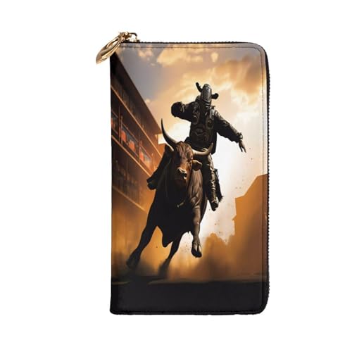 Leather Wallet for Women & girls, Fashion Long billfold Wallets, Durable Ladies purse for Daily, cool bull riding ID card package, Slim Thin RFID Blocking Credit Card Wallets with Zipper Coin Pocket2
