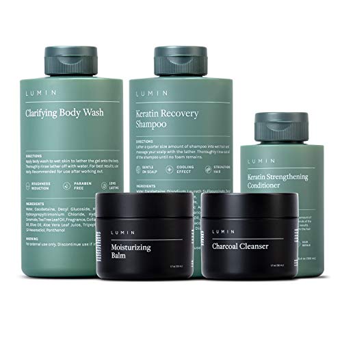 The Modern Bathroom Collection for Men: 5 Piece Kit to Cleanse/Moisturize Hair, Skin, Body - Includes Moisturizing Balm, Charcoal Cleanser, Keratin Shampoo, Keratin Conditioner, Body Wash - by Lumin