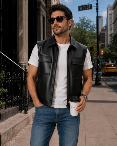 RAXEDO Men's Black Leather Sleeveless Gilet Jacket - Image 3