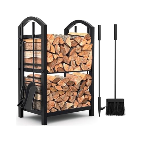 Leñero Doble Leñero De Hierro Forjado Negro Leñero Para Chimenea Leñero Para Chimenea Juego De 4 Herramientas Para Chimenea(Black)