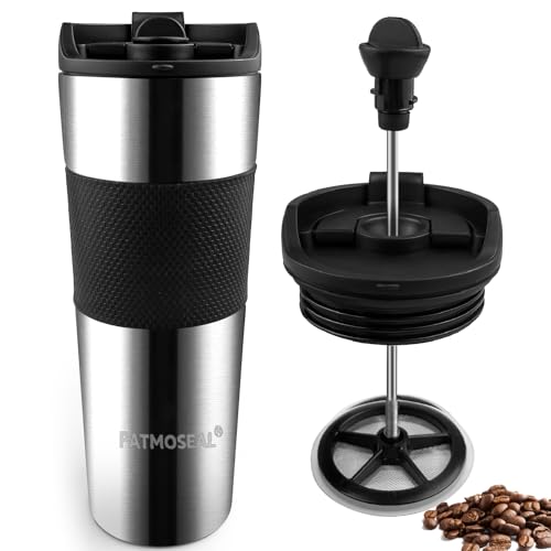 patmoseal Insulated French Press Travel Mug Leak-Proof, Portable Coffee Maker, Vacuum Cafetiere 3 Cups for Travel, Camp, 15oz/450ml (Silver)
