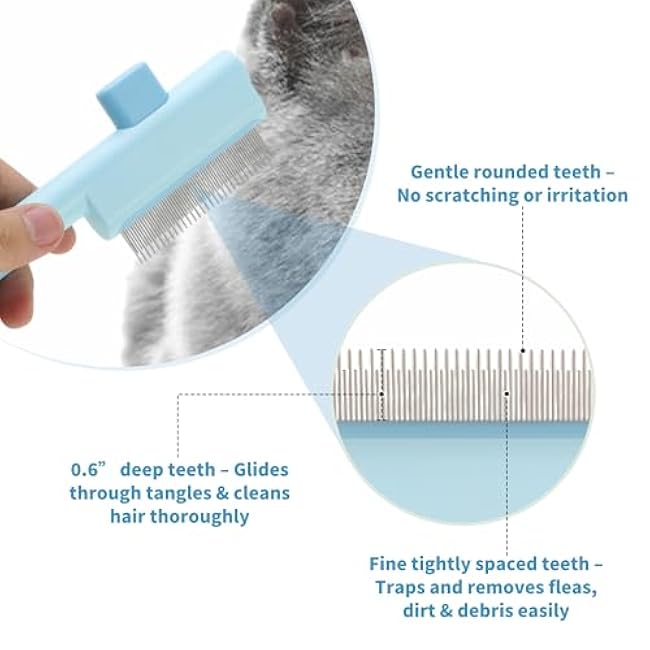 Cat Comb, Pet Hair Removal Brush with Release Button, Flea Comb for Pet, Self-Cleaning Grooming Brush for Massaging and Removing Shedding Hair, Blue-EouwH1VF