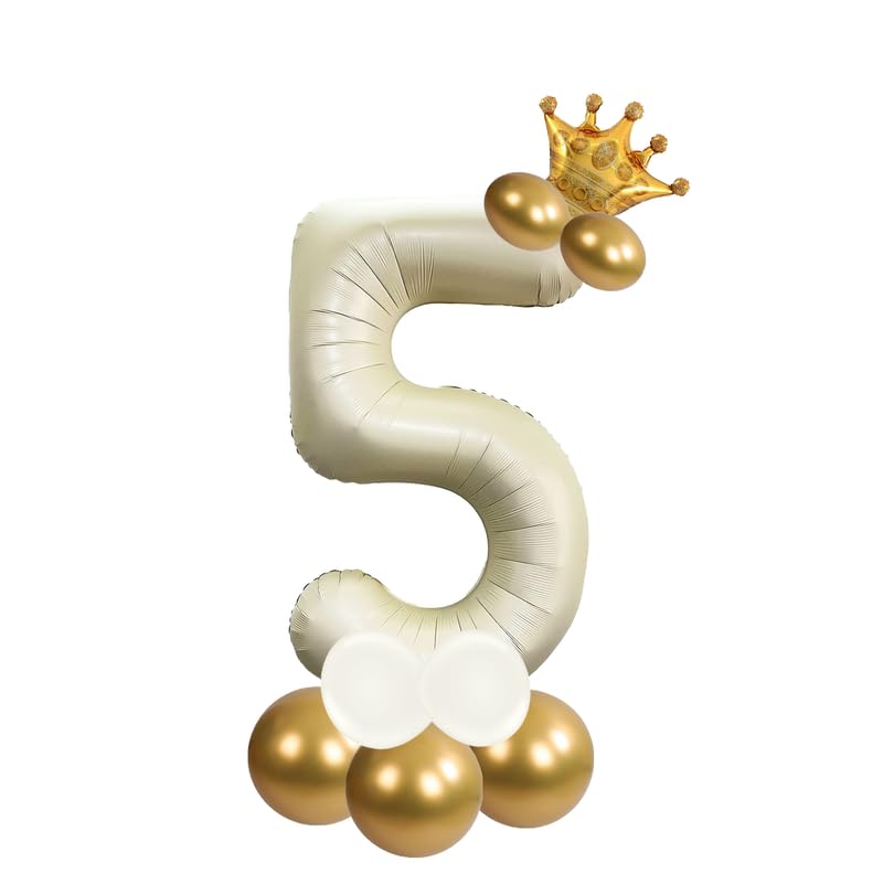 Image of Cream Color 32 Inch Number Helium Foil Balloon For Birthday Decoration Items | Number foil Balloon 5 | Anniversary Decoration Items | Pack of 14