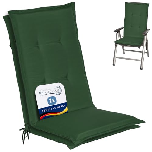 Beautissu 2er Set Gartenstuhlauflage 120x50x6 cm Loft HL Dunkelgrün – Hochlehner Polster Auflage, Sitzpolster & Sitzkissen für Hochlehner Gartenmöbel - Weiche Stuhlauflage mit Schaumkern Füllung
