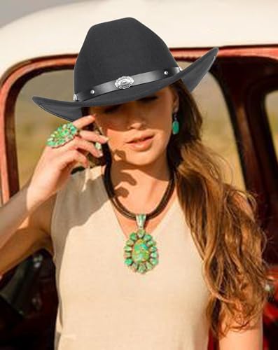 Image of Women-Classic-Western-Cowboy-Shapeable-Hat - Men-Roll-Up-Wide-Brim-Felt-Fedora-Hats-Cowgirl-Hat with Belt Buckle(M-L)
