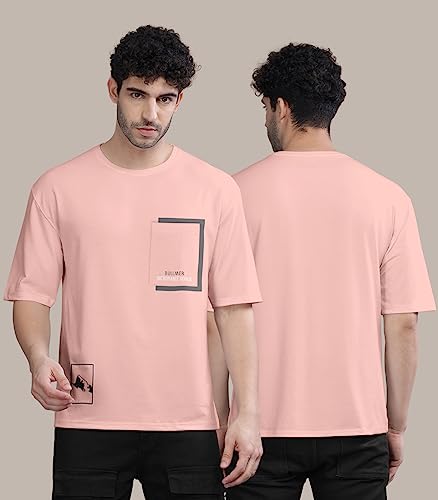Image of BULLMER Peach Trendy Front Printed oversized Round Neck T-shirt for men