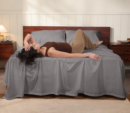 Image of RUVANTI 100% Cotton Percale Sheets Twin XL - Crisp Cooling Summer Bed Sheets for Hot Sleepers, Deep Pocket 14 inch, Soft Peach Finish, Breathable & Durable Hotel-Style 3 Piece Set, Smoky Grey