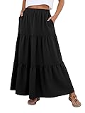 PrinStory Summer Skirts for Women UK Maxi Elasticated Waist Tiered A Line Ladies Long Skirt with Pocket UK 10-12 (Black, M)