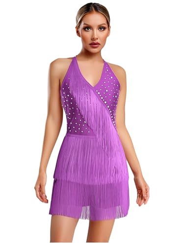 Lejafay Lateinischer Tanzkleid Mit Fransen Und Glitzernden Steinen Für Damen Ärmellos Trägerausschnitt Body Einteiler Für Latein Tango Salsa...