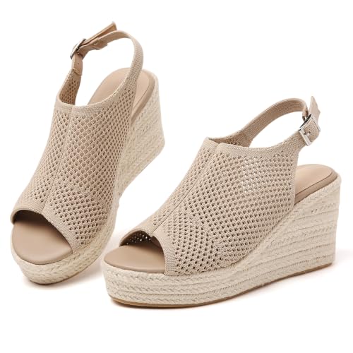 Image of Tilocow Womens Wedge Espadrilles Sandals for Summer | Peep-Toe,3.3 inch wedge heel, Casual Daily Wear,Cushioned Midsole for All-Day Comfort