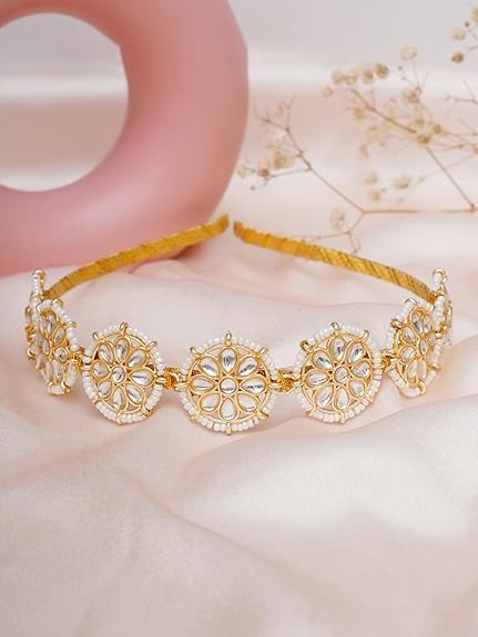 Fantastic USA Floral Kundan Studded Matha Patti Sheesh Patti Wedding Hairband Traditional Golden Celebrity Headband Hair accessory Jewellery for Women and Girls