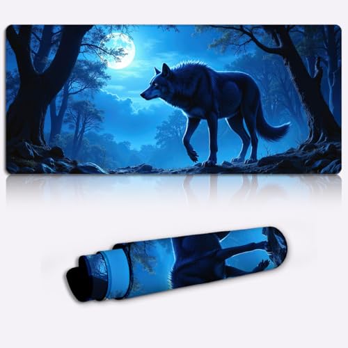 Alfombrilla de ratón grande y antideslizante de 4mm con estampado de lobo nocturno