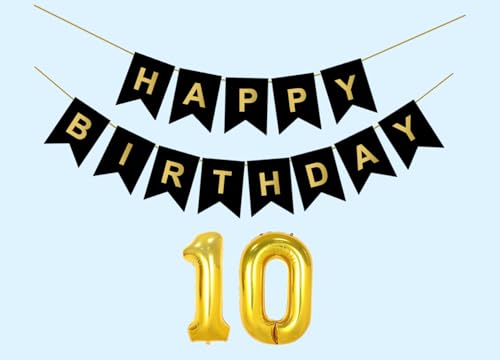 Image of 10th Happy Birthday Decoration Kit Black for 10 year Old Boys Girls Kids Twins with Number TenParty Decorations Decor Celebration Items Item Set Combo Reusable Paper Banner