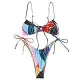 ZAFUL Womens Tie Side String Bikini High Cut Tanga Swimsuits Cami Colorblock Bikini Swimwear