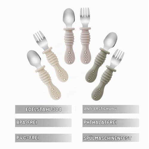 Foto von PandaEar - Set von 6 Utensilien aus Gabel und Löffel für Kleinkinder, aus siliziumhaltigem Edelstahl, Besteck für Babys und Kinder, BPA-frei (Walnuss, Leinen und Kaffee)