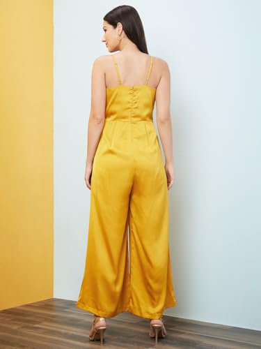 Image of Globus Women Yellow Solid Wrap V-Neck Jumpsuit-3640450001
