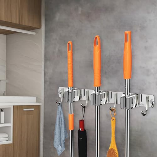 Fourfox® Pack of 2 Stainless Steel 3 Racks with 4 Hooks Wall Mounted Broom and Mop Stick Holder, Hanging Tools for Home & Kitchen (Silver) (B0CZ45KCKX) Amazon Price History, Amazon Price Tracker