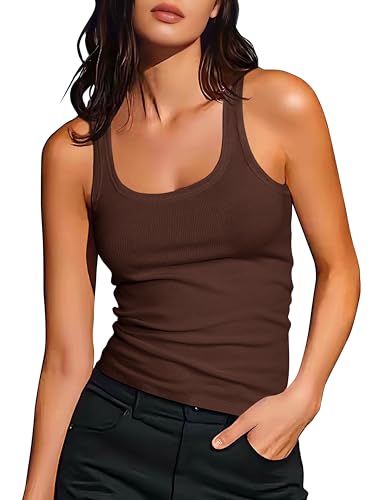 Artfish Womens Sleeveless Cotton Fitted Tank Top Form Fitting Scoop Neck Ribbed Knit Basic Cami Shirts (Brown M)