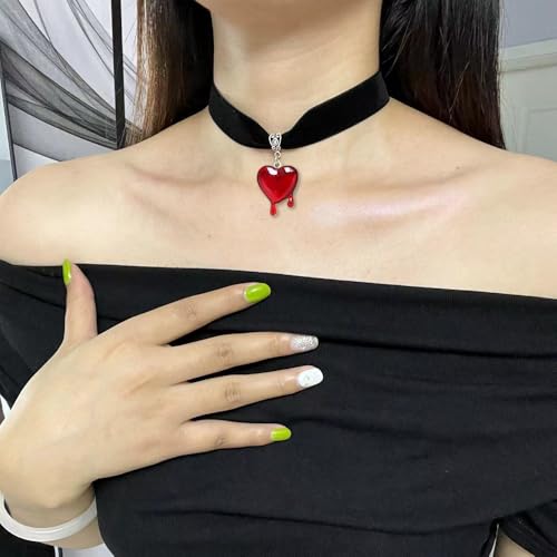Dropping Blood Heart Choker Necklace Y2k Black Velvet Red Heart Pendent Choker Vampire Jewelry Gift for Women4