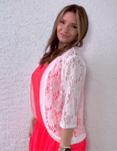 Image of Xunger Women's 3 /4 Sleeve Lace Cardigan Casual Open Front Floral Lace Shrug Summer Cover Up