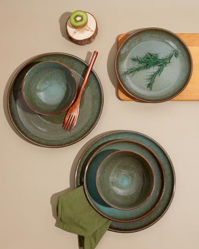 Image of Pokini 32 Piece Double Bowl Dinnerware Sets with Pasta Bowls, Highly Chip and Crack Resistant Plates and Bowls Sets, Natural Earthyware Ceramic Dishware Sets, Service for 8 Brown Green
