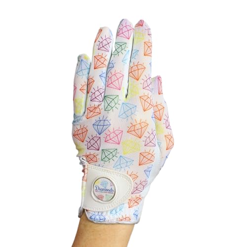 Hand Candy Golf Glove – Premium Cabretta Leather – “Diamonds” – Left Hand Women's Golf Glove with Matching Ball Marker (Large)