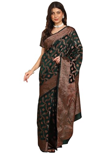 Copper Zari Motif Art Silk Saree for Women Shimmery Motifs Broad Rich Border Lightweight Easy Draping Affordable Elegant Indian Ethnic Wear Includes Brocade Blouse Piece (BOTTLE GREEN)