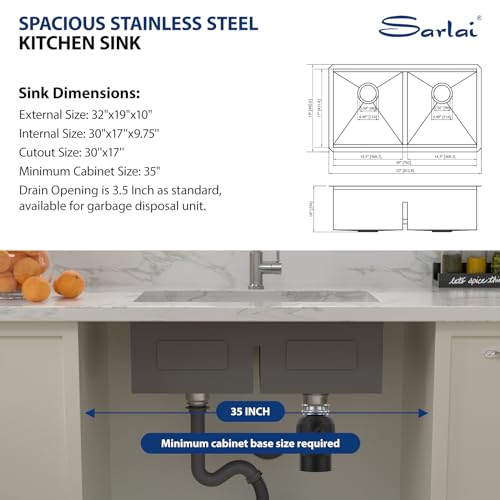 Sarlai 32 Undermount Kitchen Sink Double Bowl - 32x19 Inch Kitchen Sink Stainless Steel 16 Gauge Ledge Workstation Low Divide Under Counter 50/50 Double Basin Sinks